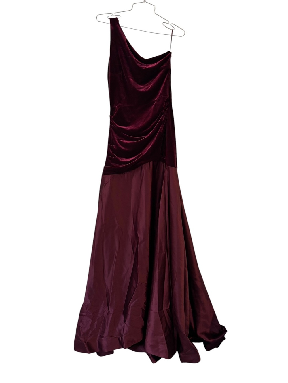 NWT Fehaute Burgundy Satin Ruched Velvet One Shoulder A-Line Gown Dress Size 4 - Picture 8 of 11